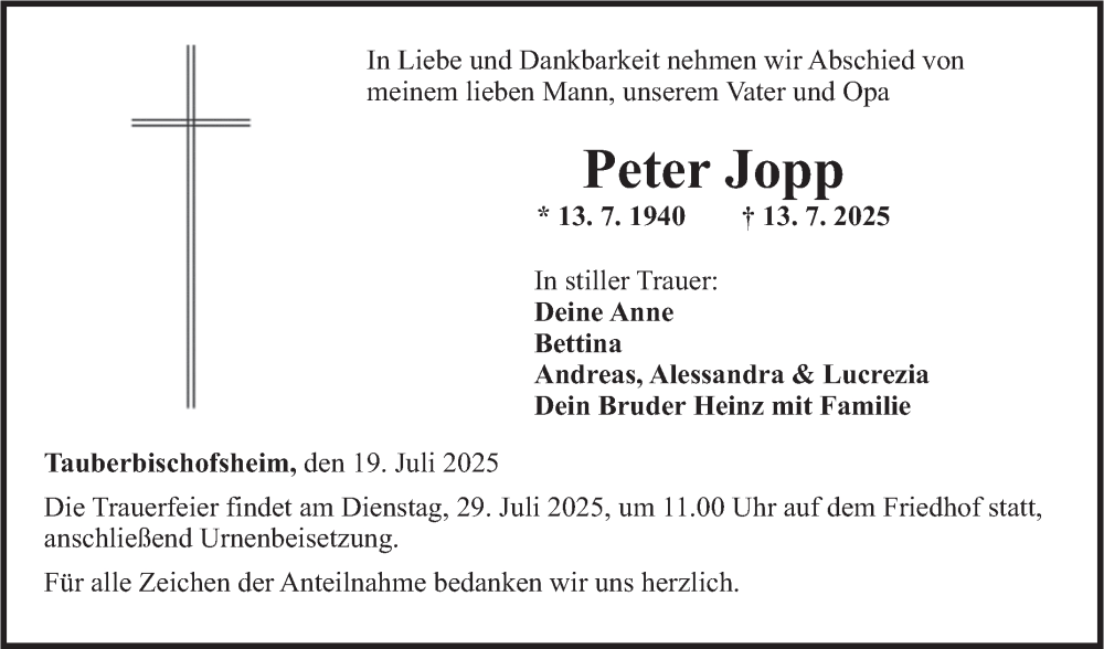  Traueranzeige für Peter Jopp vom 19.07.2025 aus Fränkische Nachrichten
