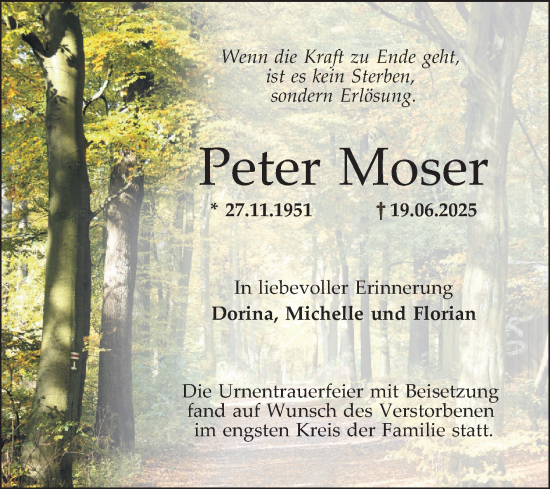 Traueranzeige von Peter Moser von Schwetzinger Zeitung