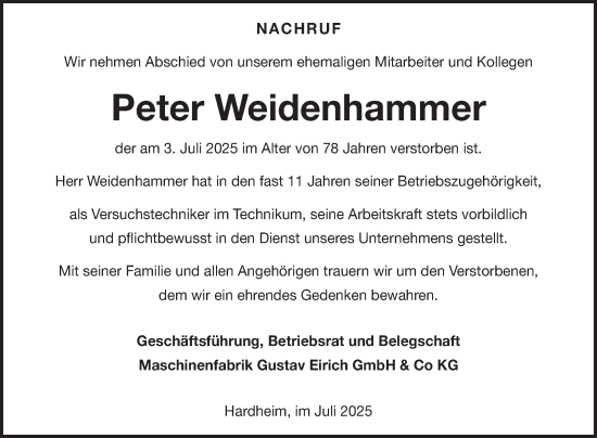 Traueranzeige von Peter Weidenhammer von Fränkische Nachrichten