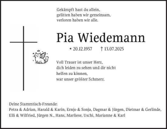 Traueranzeige von Pia Wiedemann von Bergsträßer Anzeiger