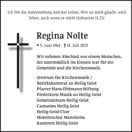 Traueranzeige von Regina Nolte von Mannheimer Morgen