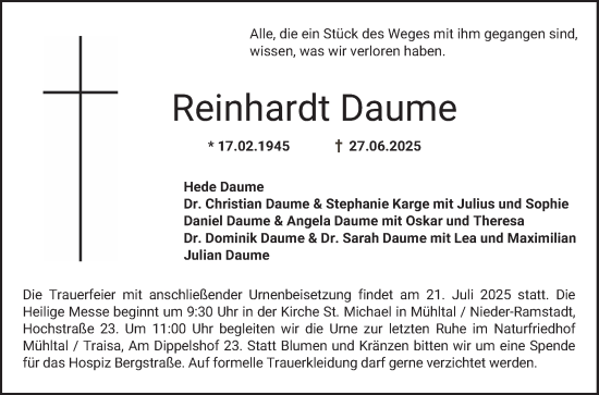 Traueranzeige von Reinhardt Daume von Bergsträßer Anzeiger