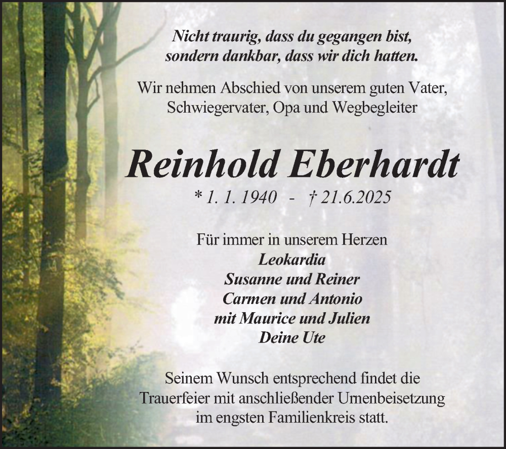  Traueranzeige für Reinhold Eberhardt vom 05.07.2025 aus Schwetzinger Zeitung