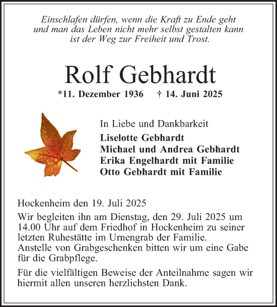 Traueranzeige von Rolf Gebhardt von Schwetzinger Zeitung