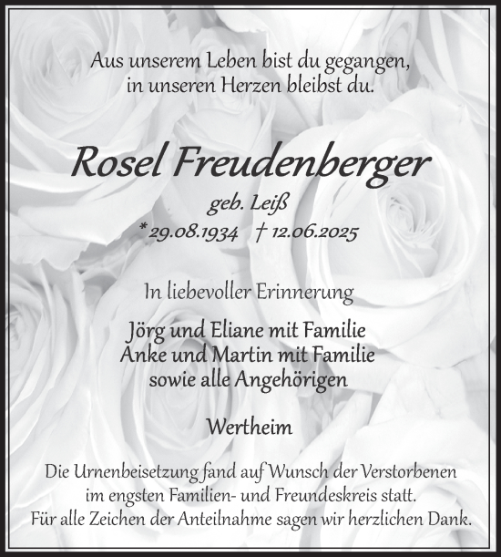 Traueranzeige von Rosel Freudenberger von Fränkische Nachrichten
