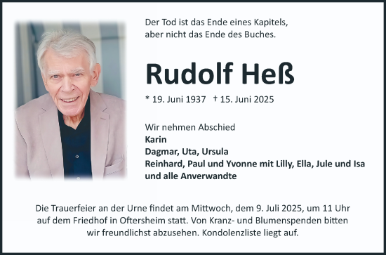 Traueranzeige von Rudolf Heß von Schwetzinger Zeitung