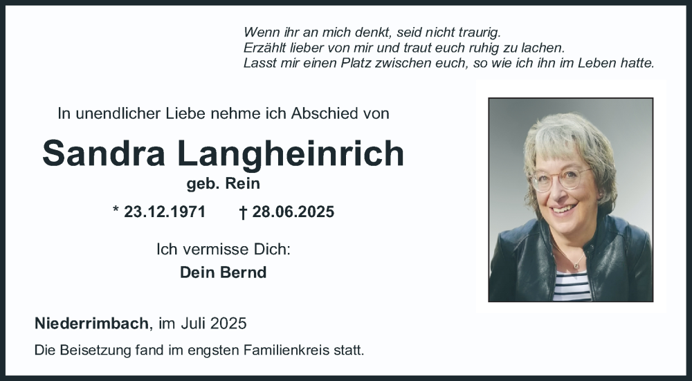  Traueranzeige für Sandra Langheinrich vom 12.07.2025 aus Fränkische Nachrichten