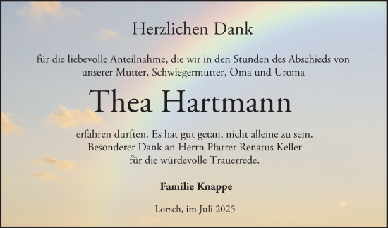 Traueranzeige von Thea Hartmann von Bergsträßer Anzeiger