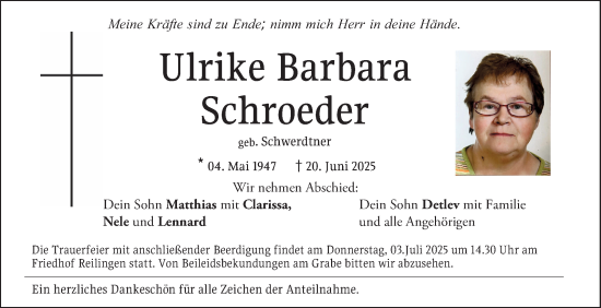 Traueranzeige von Ulrike Barbara Schroeder von Schwetzinger Zeitung