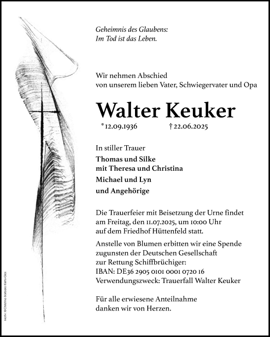 Traueranzeige von Walter Keuker von Mannheimer Morgen