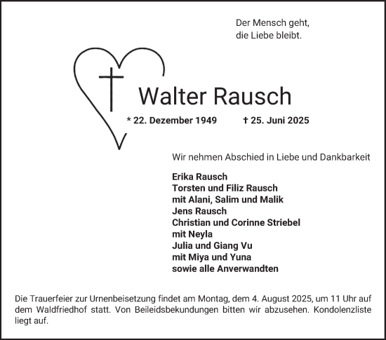 Traueranzeige von Walter Rausch von Bergsträßer Anzeiger