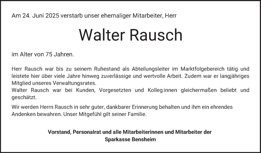  Traueranzeige für Walter Rausch vom 26.07.2025 aus Bergsträßer Anzeiger