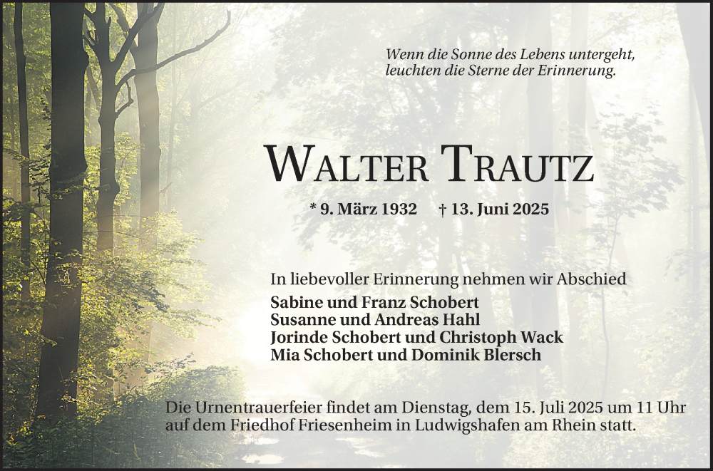  Traueranzeige für Walter Trautz vom 05.07.2025 aus Schwetzinger Zeitung