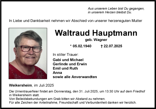 Traueranzeige von Waltraud Hauptmann von Fränkische Nachrichten
