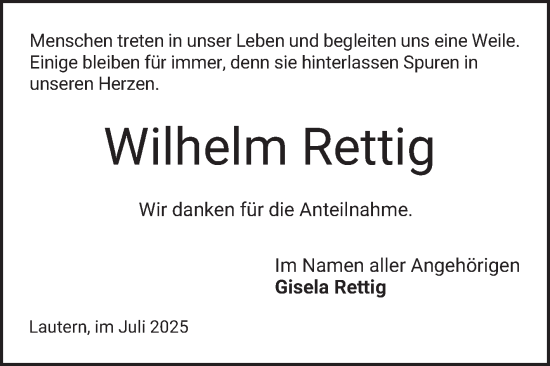 Traueranzeige von Wilhelm Rettig von Bergsträßer Anzeiger