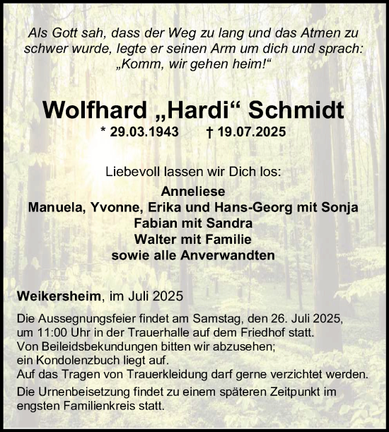 Traueranzeige von Wolfhard Schmidt von Fränkische Nachrichten