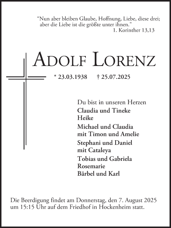 Traueranzeige von Adolf Lorenz von Schwetzinger Zeitung