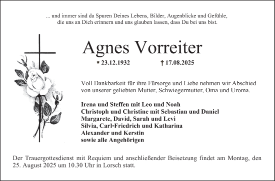 Traueranzeige von Agnes Vorreiter von Bergsträßer Anzeiger