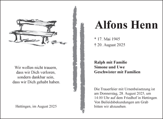 Traueranzeige von Alfons Henn von Fränkische Nachrichten