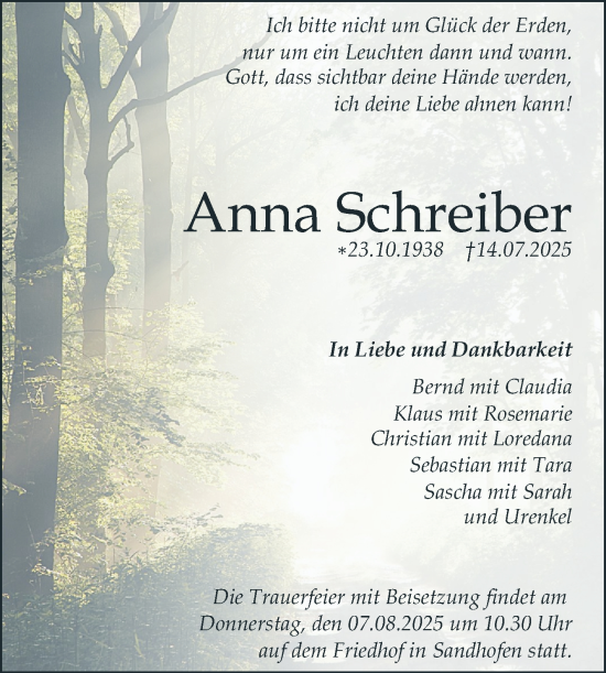 Traueranzeige von Anna Schreiber von Mannheimer Morgen