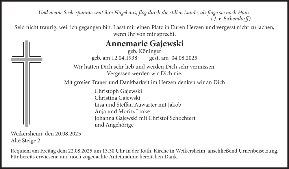  Traueranzeige für Annemarie Gajewski vom 20.08.2025 aus Fränkische Nachrichten