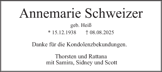 Traueranzeige von Annemarie Schweizer von Mannheimer Morgen
