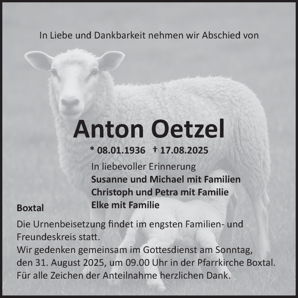  Traueranzeige für Anton Oetzel vom 23.08.2025 aus Fränkische Nachrichten