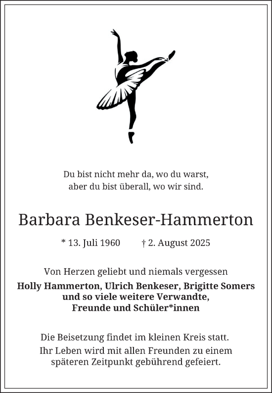 Traueranzeige von Barbara Benkeser-Hammerton von Schwetzinger Zeitung