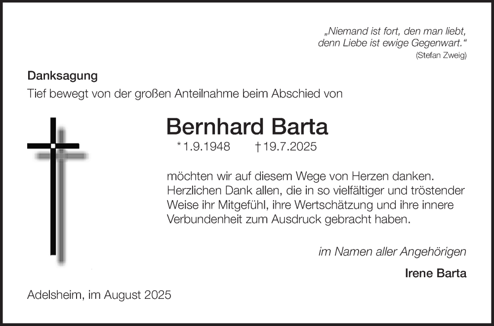 Traueranzeige für Bernhard Barta vom 09.08.2025 aus Fränkische Nachrichten