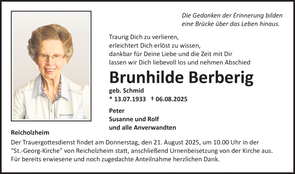  Traueranzeige für Brunhilde Berberig vom 16.08.2025 aus Fränkische Nachrichten