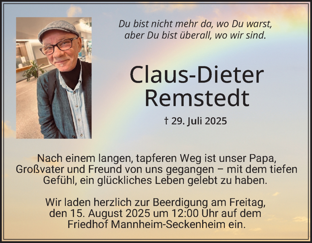  Traueranzeige für Claus-Dieter Remstedt vom 02.08.2025 aus Mannheimer Morgen