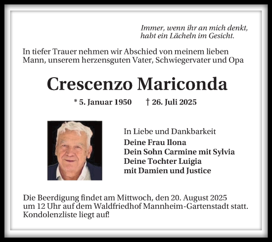 Traueranzeige von Crescenzo Mariconda von Mannheimer Morgen