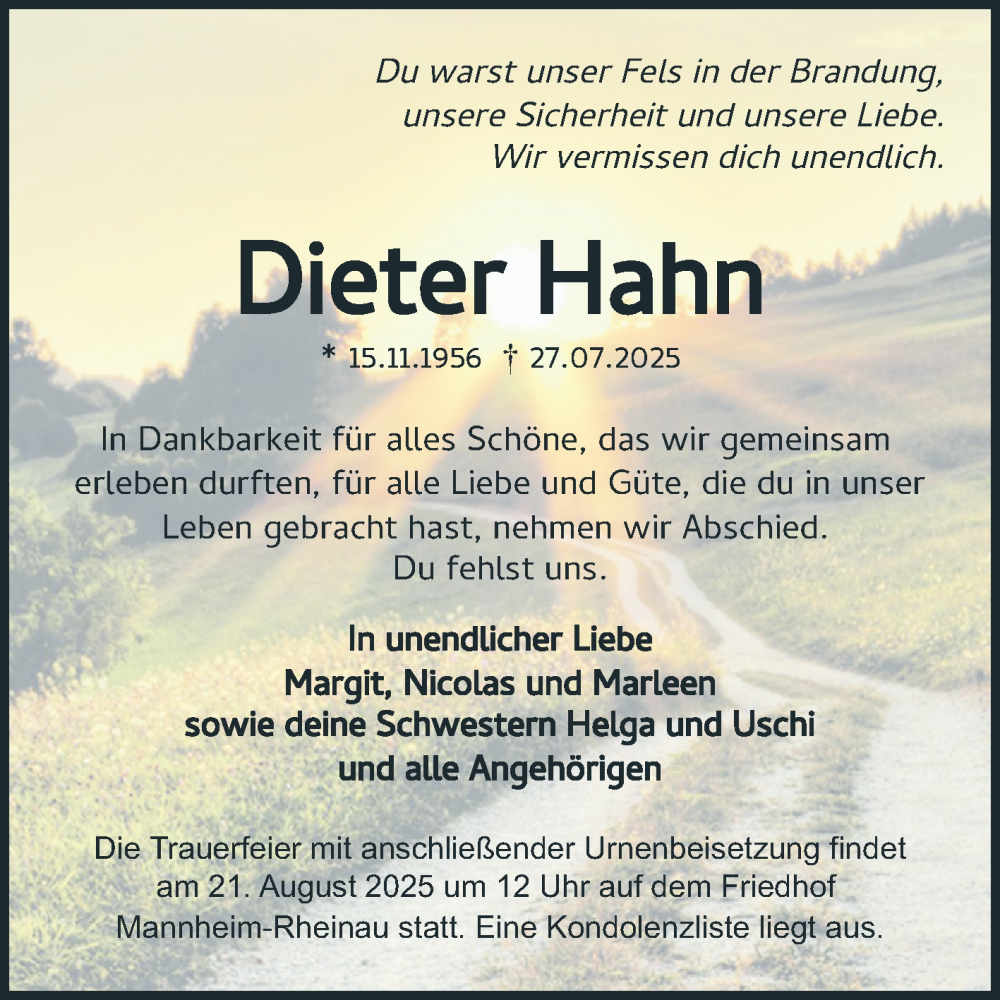  Traueranzeige für Dieter Hahn vom 09.08.2025 aus Mannheimer Morgen