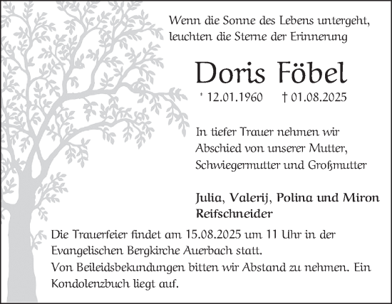 Traueranzeige von Doris Föbel von Bergsträßer Anzeiger