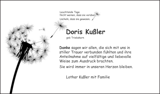 Traueranzeige von Doris Kußler von Schwetzinger Zeitung