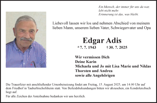 Traueranzeige von Edgar Adis von Fränkische Nachrichten