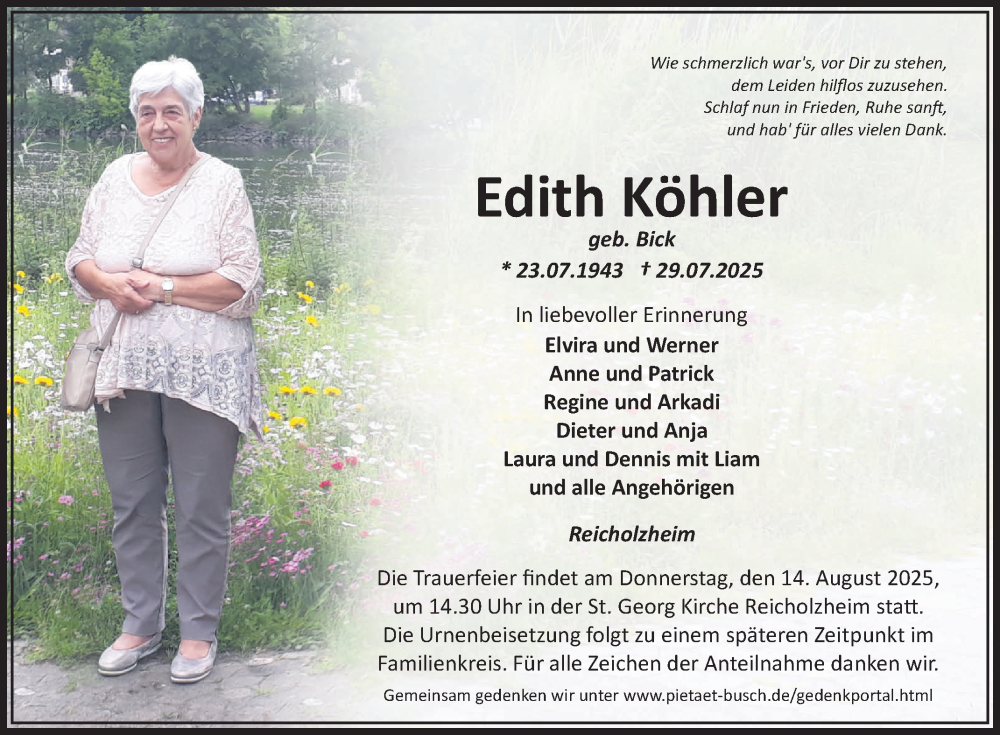  Traueranzeige für Edith Köhler vom 09.08.2025 aus Fränkische Nachrichten