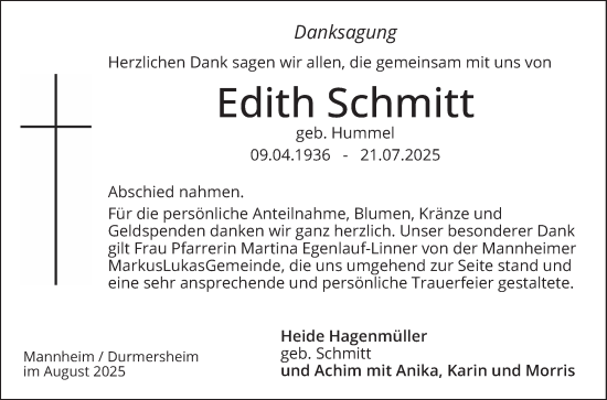 Traueranzeige von Edith Schmitt von Mannheimer Morgen