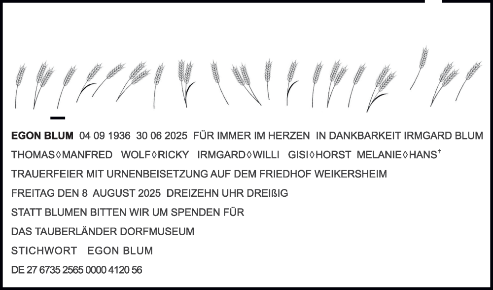  Traueranzeige für Egon Blum vom 02.08.2025 aus Fränkische Nachrichten
