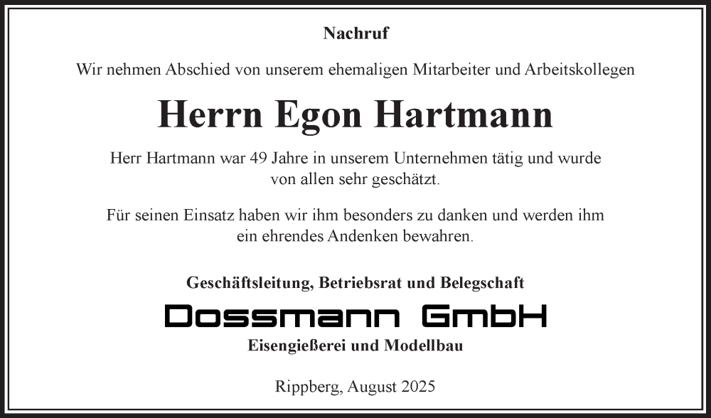  Traueranzeige für Egon Hartmann vom 16.08.2025 aus Fränkische Nachrichten