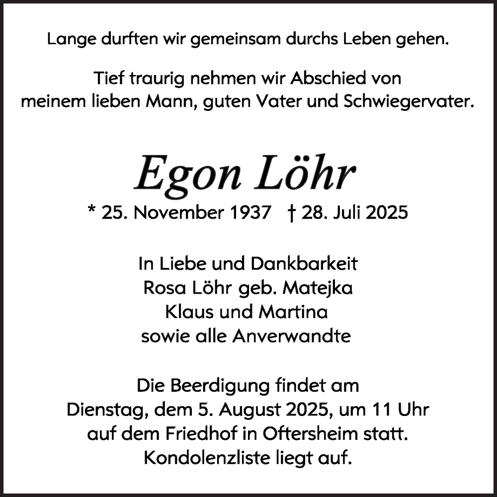  Traueranzeige für Egon Löhr vom 02.08.2025 aus Schwetzinger Zeitung