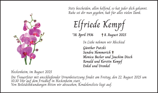 Traueranzeige von Elfriede Kempf von Schwetzinger Zeitung