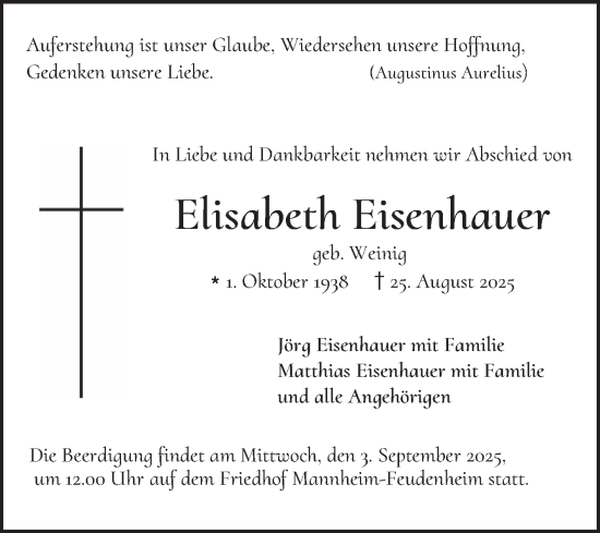 Traueranzeige von Elisabeth Eisenhauer von Mannheimer Morgen
