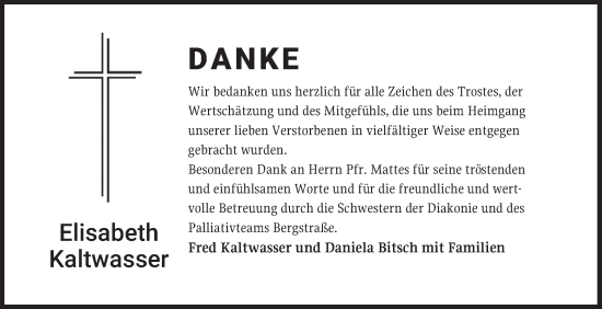 Traueranzeige von Elisabeth Kaltwasser von Bergsträßer Anzeiger