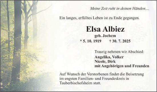 Traueranzeige von Elsa Albiez von Fränkische Nachrichten