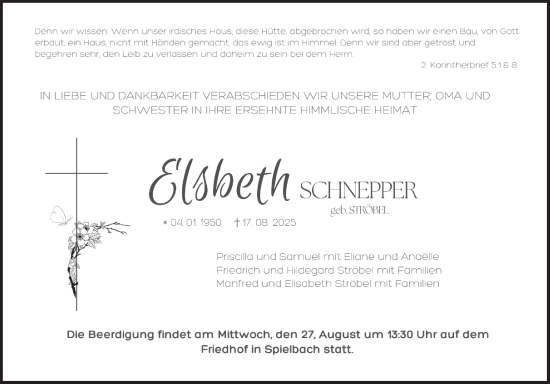 Traueranzeige von Elsbeth Schnepper von Fränkische Nachrichten