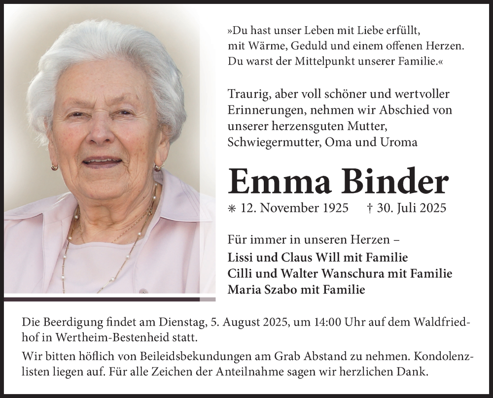  Traueranzeige für Emma Binder vom 02.08.2025 aus Fränkische Nachrichten