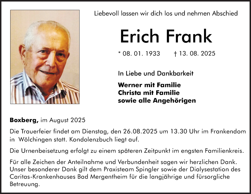  Traueranzeige für Erich Frank vom 23.08.2025 aus Fränkische Nachrichten