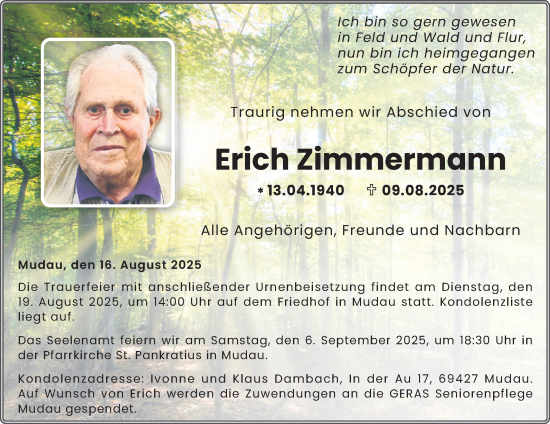 Traueranzeige von Erich Zimmermann von Fränkische Nachrichten