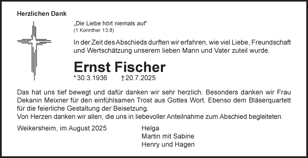  Traueranzeige für Ernst Fischer vom 22.08.2025 aus Fränkische Nachrichten